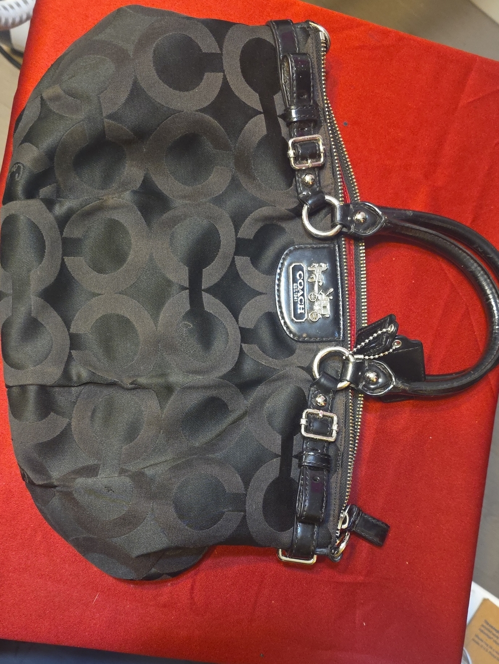 Coach Black Signature Satchel with Patent Trim